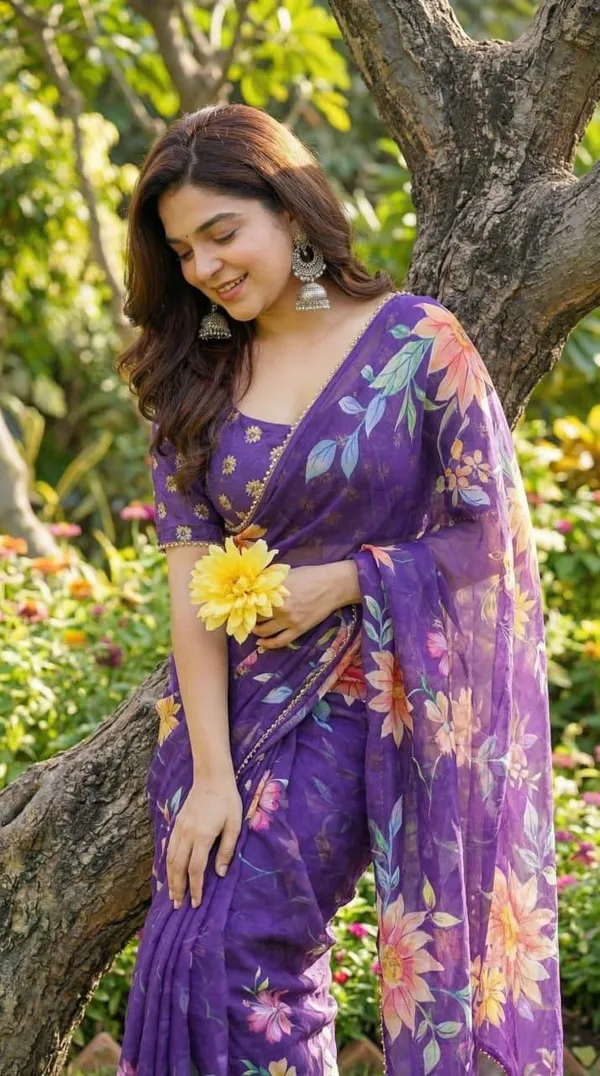 Violet_Purple_Floral_Georgette_Saree_With_Heavy_Border_&_Blouse_Piece