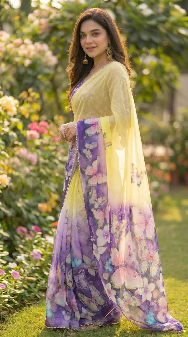 Yellow_And_Purple_Ombre_Floral_Georgette_Saree_With_Heavy_Border_&_Blouse_Piece
