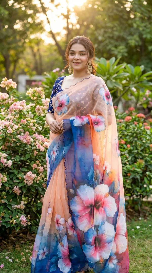 Peach_And_Blue_Floral_Georgette_Saree_With_Delicate_Hand_Work_&_Blouse_Piece
