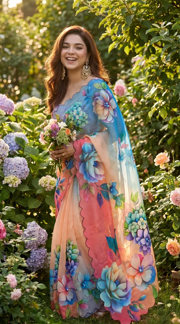 Peach_Floral_Georgette_Saree_With_Delicate_Hand_Work_&_Blouse_Piece