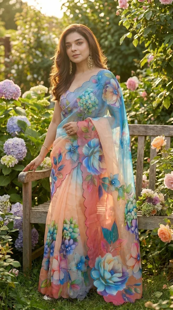 Peach_Floral_Georgette_Saree_With_Delicate_Hand_Work_&_Blouse_Piece