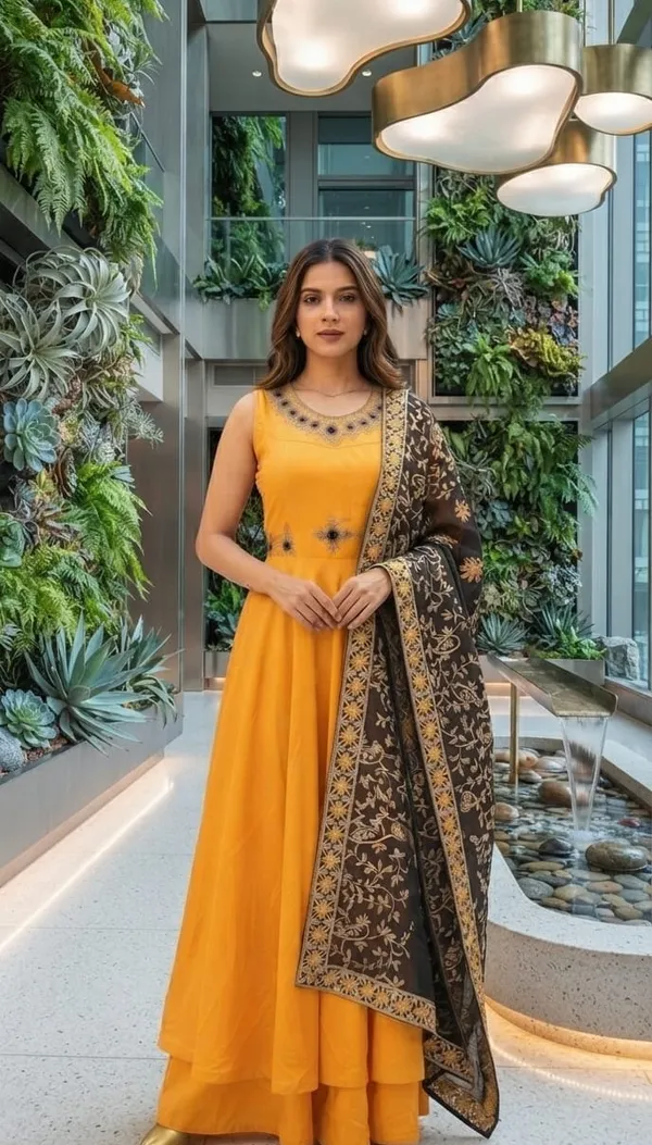 Orange_Tunic_Gown_with_Contrast_Embroidered_Dupatta