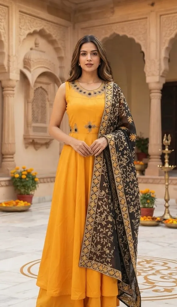Orange_Tunic_Gown_with_Contrast_Embroidered_Dupatta