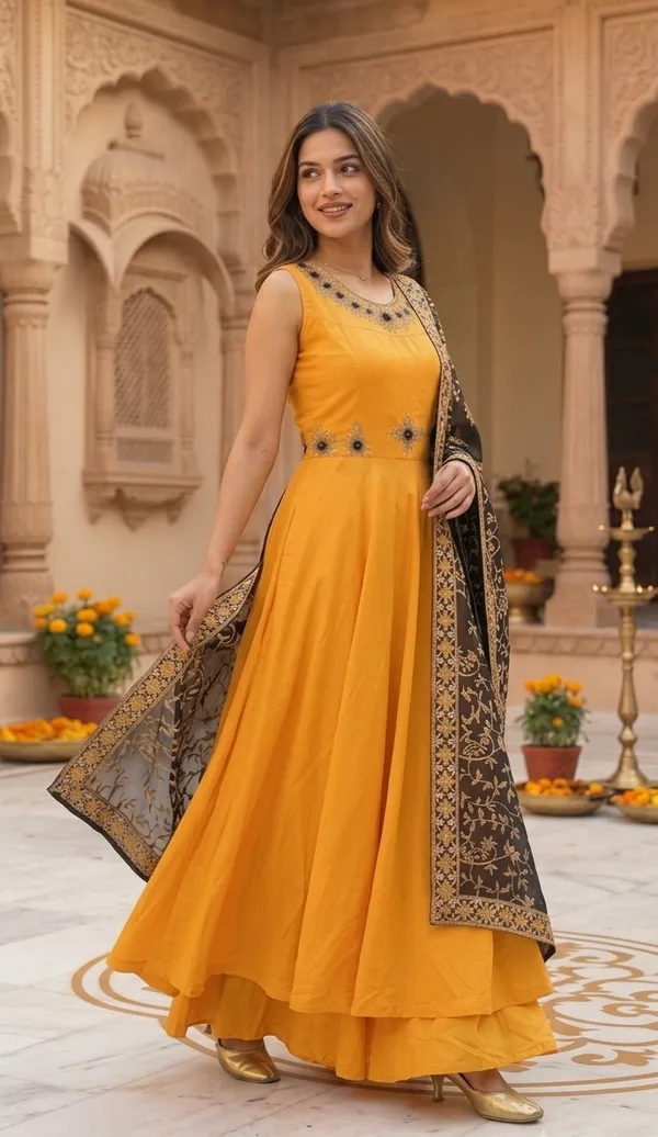 Orange_Tunic_Gown_with_Contrast_Embroidered_Dupatta
