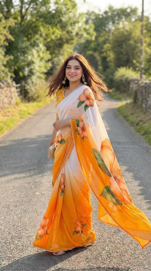 White_And_Orange_Ombre_Georgette_Floral_Print_Hand_Work_Saree_With_Heavy_Border_&_Blouse_Piece