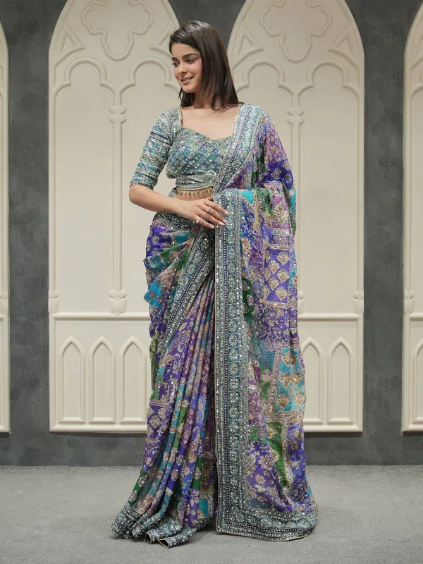 Peacock_Patchwork_Chinnon_Silk_Saree_with_Hand_work_&_Blouse_Piece