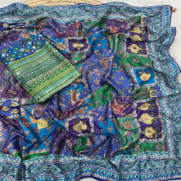 Peacock_Patchwork_Chinnon_Silk_Saree_with_Hand_work_&_Blouse_Piece