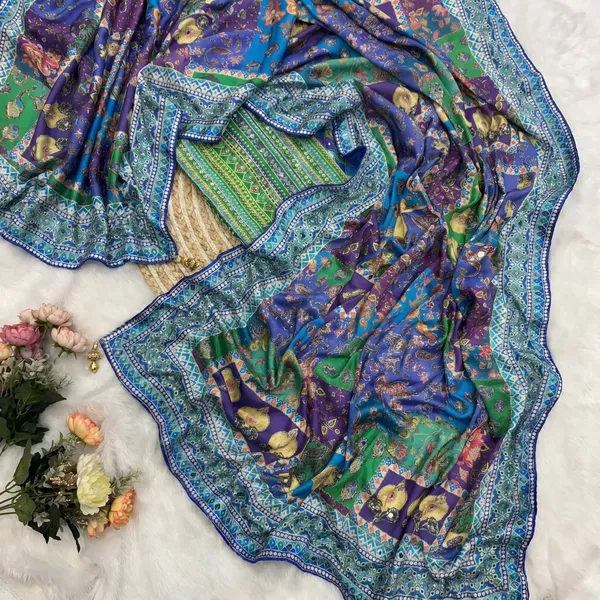 Peacock_Patchwork_Chinnon_Silk_Saree_with_Hand_work_&_Blouse_Piece