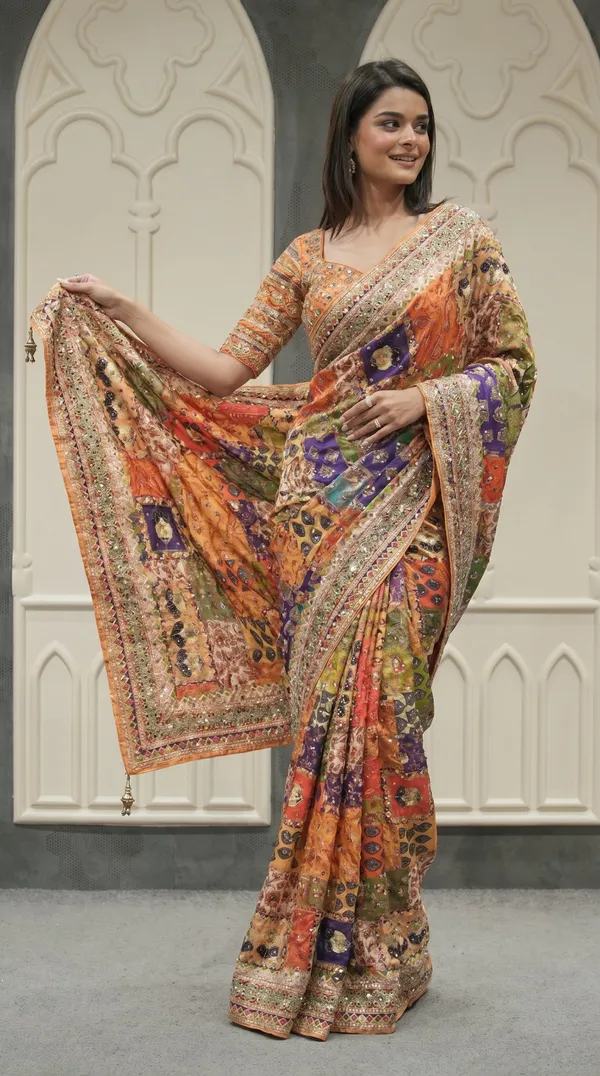 Rangeeli_Patchwork_Mirror_Chinnon_Silk_Saree_with_Hand_work_&_Blouse_Piece