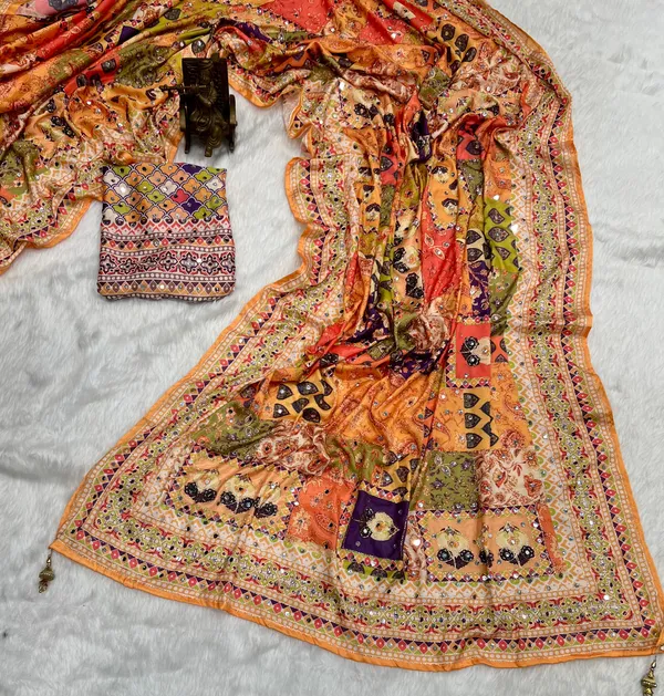 Rangeeli_Patchwork_Mirror_Chinnon_Silk_Saree_with_Hand_work_&_Blouse_Piece