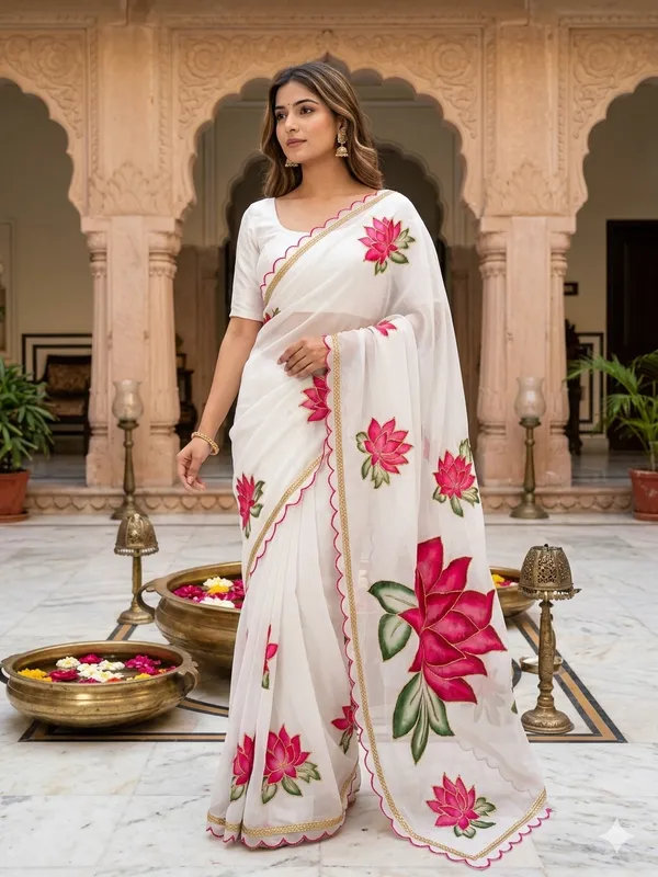 Off-White_Georgette_Saree_With_Delicate_Hand_Work_&_Blouse_Piece