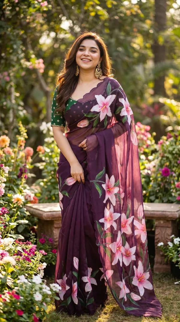 Plum_Wine_Floral_Georgette_Saree_With_Delicate_Hand_Work_&_Blouse_Piece