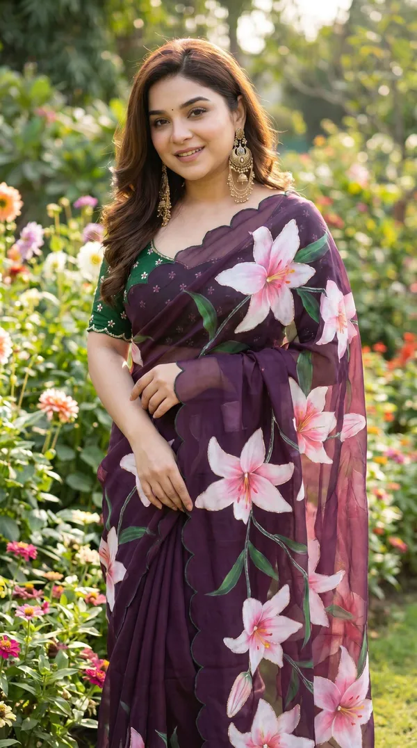 Plum_Wine_Floral_Georgette_Saree_With_Delicate_Hand_Work_&_Blouse_Piece