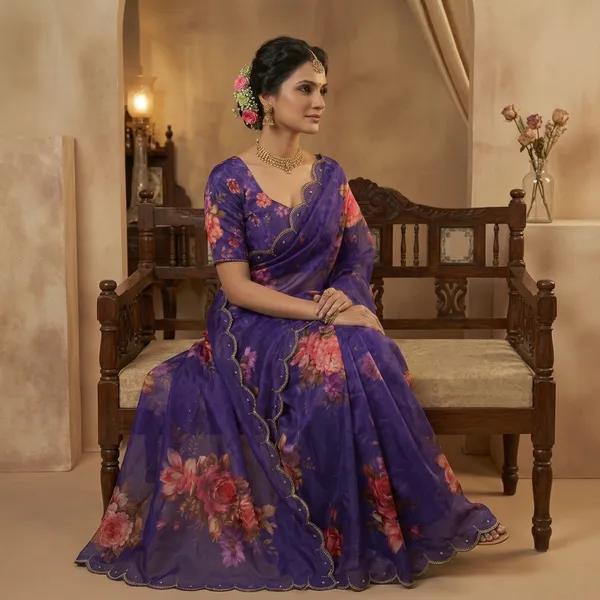 Elegant_Deep_Purple_Floral_Print_Hand_Work_Saree_With_Heavy_Border_&_Blouse_Piece
