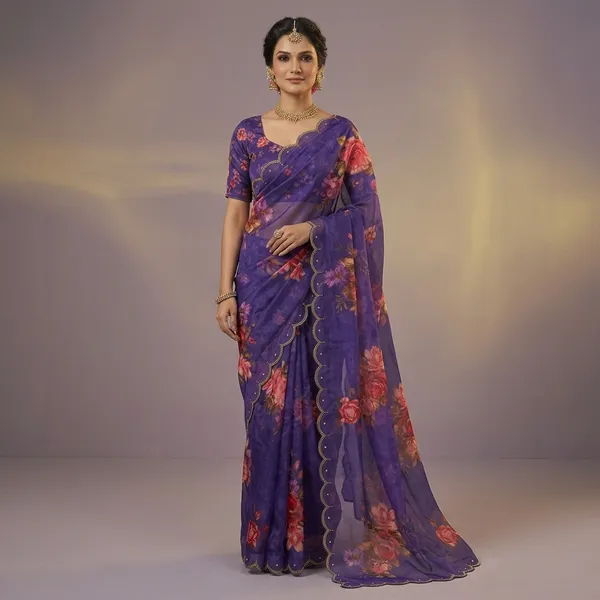 Elegant_Deep_Purple_Floral_Print_Hand_Work_Saree_With_Heavy_Border_&_Blouse_Piece
