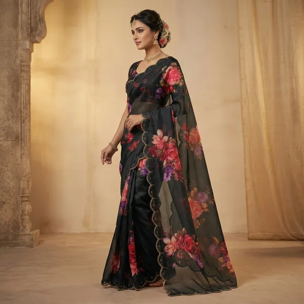 Charcoal_Black_Floral_Georgette_Hand_Work_Saree_With_Heavy_Border_&_Blouse_Piece