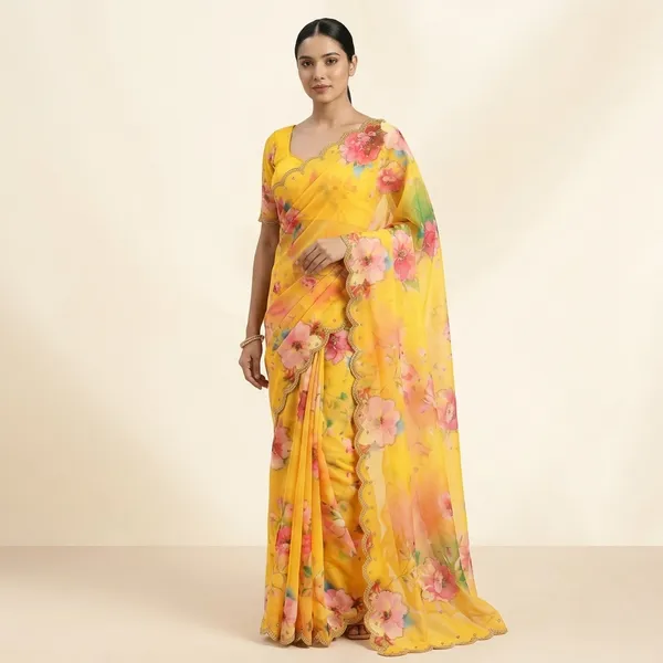 Sunflower_Yellow_Floral_Hand_Work_Georgette_Saree_With_Heavy_Border_&_Blouse_Piece