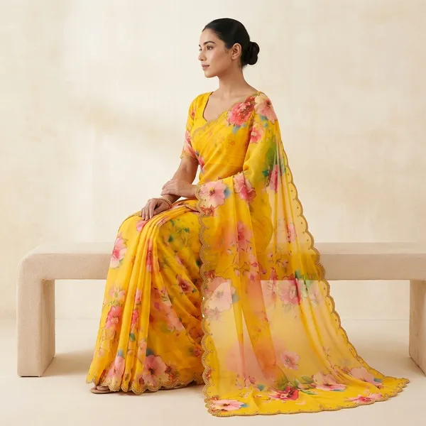 Sunflower_Yellow_Floral_Hand_Work_Georgette_Saree_With_Heavy_Border_&_Blouse_Piece