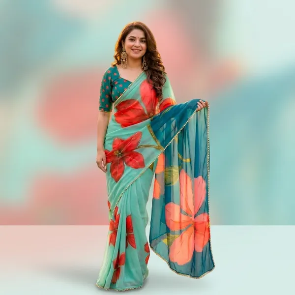 Sea_Green_Georgette_Floral_Print_Hand_Work_Saree_With_Heavy_Border_&_Blouse_Piece