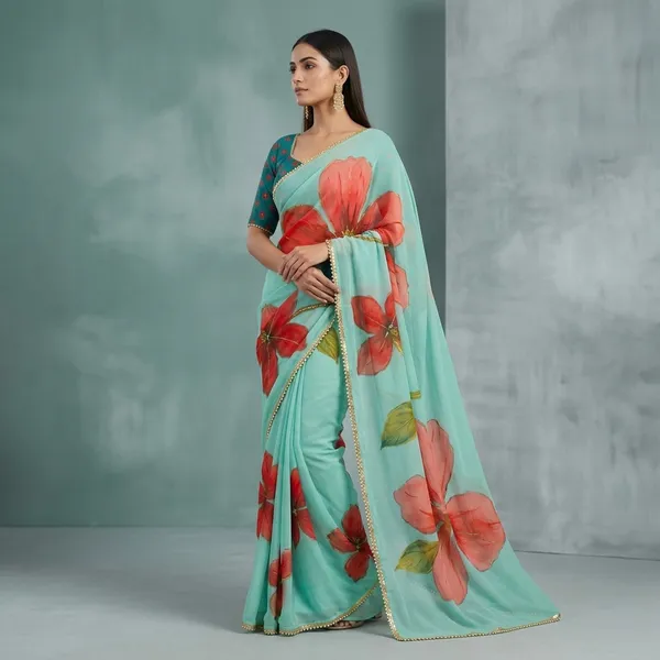 Sea_Green_Georgette_Floral_Print_Hand_Work_Saree_With_Heavy_Border_&_Blouse_Piece
