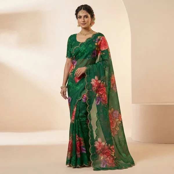 Emerald_Green_Georgette_Floral_Print_Hand_Work_Saree_With_Heavy_Border_&_Blouse_Piece