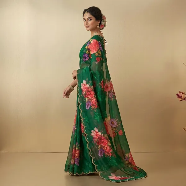 Emerald_Green_Georgette_Floral_Print_Hand_Work_Saree_With_Heavy_Border_&_Blouse_Piece