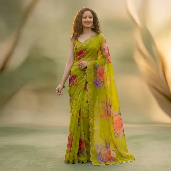 Lime_Green_Georgette_Floral_Print_Hand_Work_Saree_With_Heavy_Border_&_Blouse_Piece