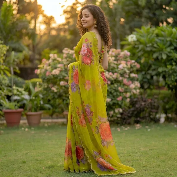 Lime_Green_Georgette_Floral_Print_Hand_Work_Saree_With_Heavy_Border_&_Blouse_Piece