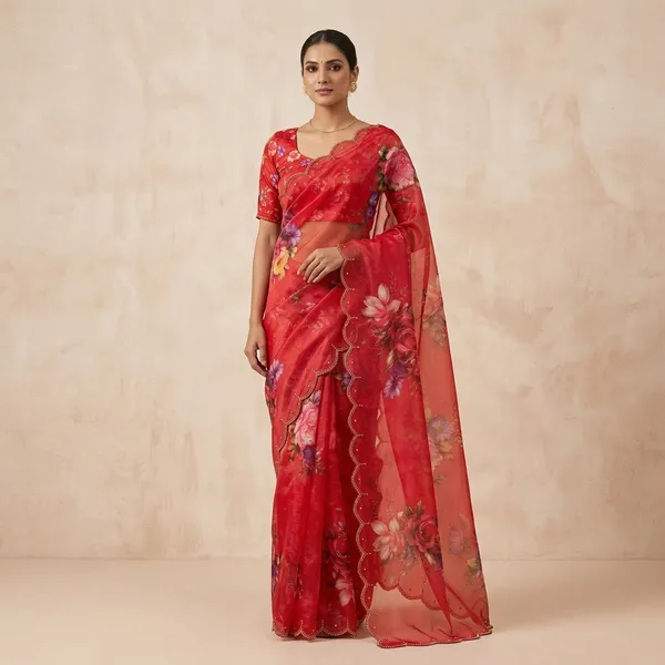 Ruby_Red_Georgette_Floral_Print_Hand_Work_Saree_With_Heavy_Border_&_Blouse_Piece