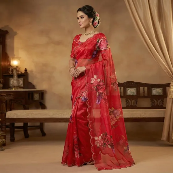 Ruby_Red_Georgette_Floral_Print_Hand_Work_Saree_With_Heavy_Border_&_Blouse_Piece