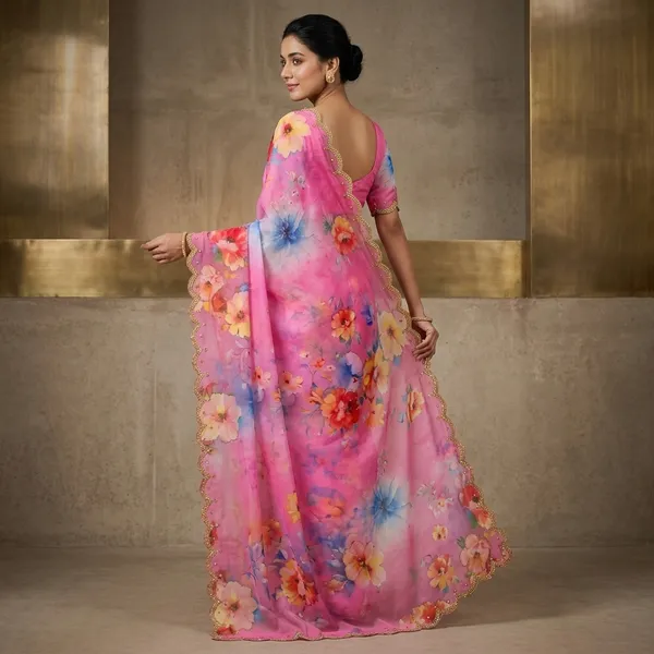 Bubblegum_Pink_Georgette_Floral_Print_Hand_Work_Saree_With_Heavy_Border_&_Blouse_Piece