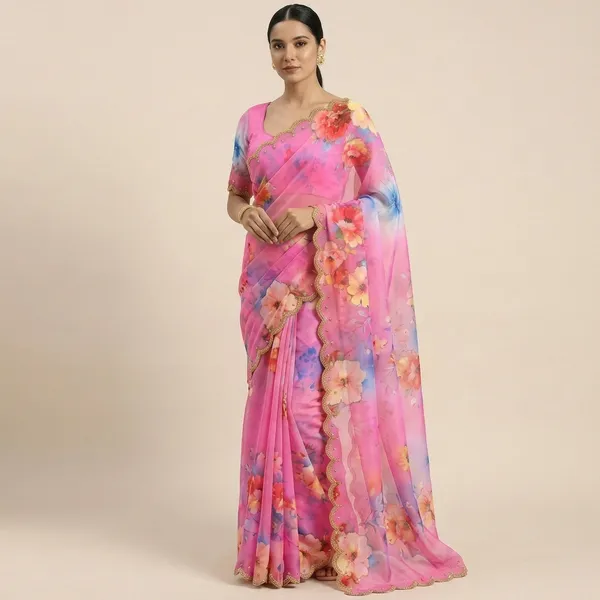 Bubblegum_Pink_Georgette_Floral_Print_Hand_Work_Saree_With_Heavy_Border_&_Blouse_Piece