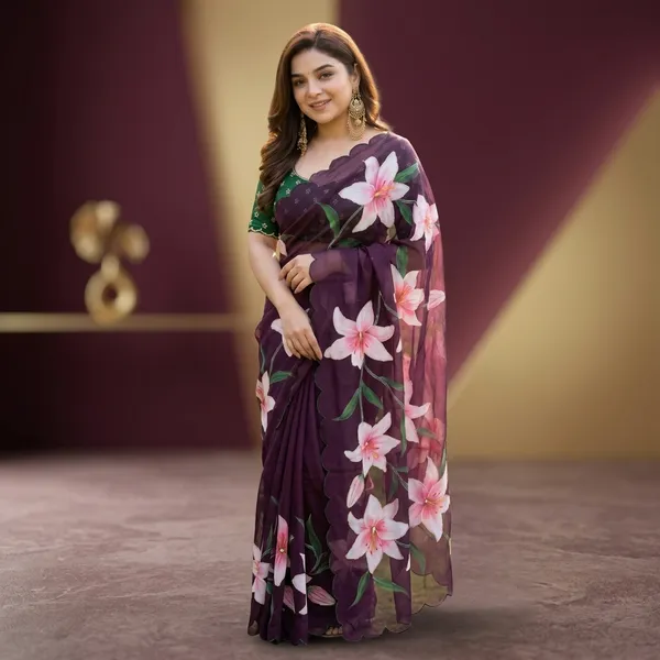 Plum_Wine_Floral_Georgette_Saree_With_Delicate_Hand_Work_&_Blouse_Piece