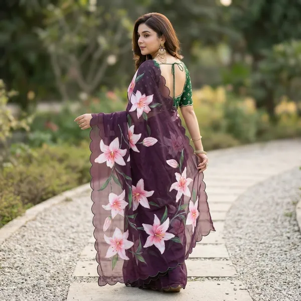 Plum_Wine_Floral_Georgette_Saree_With_Delicate_Hand_Work_&_Blouse_Piece