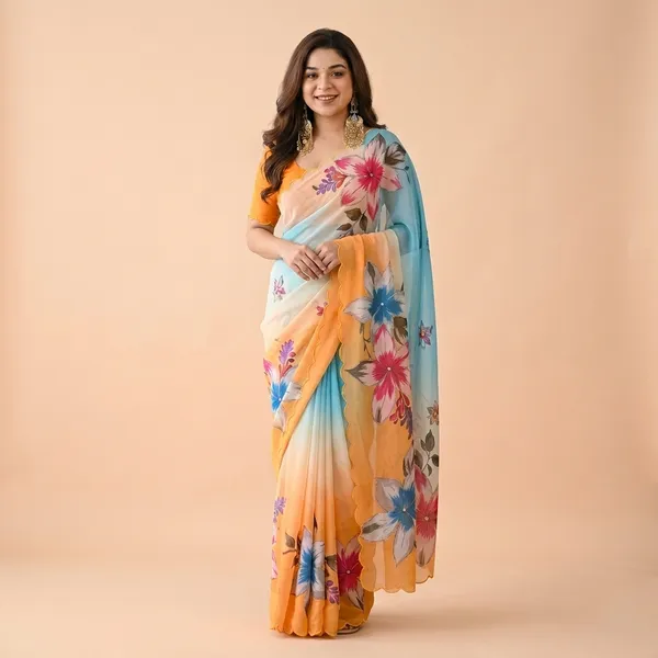 Light_Blue_And_Orange_Gradient_Floral_Georgette_Saree_With_Delicate_Hand_Work_&_Blouse_Piece