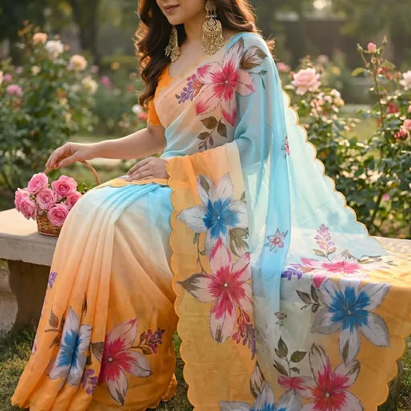 Light_Blue_And_Orange_Gradient_Floral_Georgette_Saree_With_Delicate_Hand_Work_&_Blouse_Piece