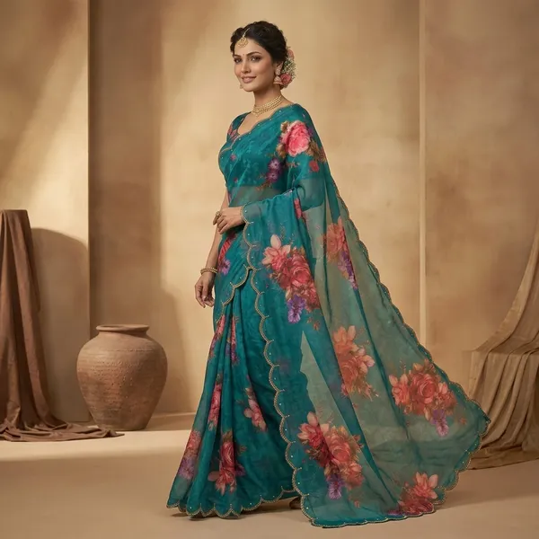 Teal_Blue_Georgette_Floral_Print_Hand_Work_Saree_With_Heavy_Border_&_Blouse_Piece