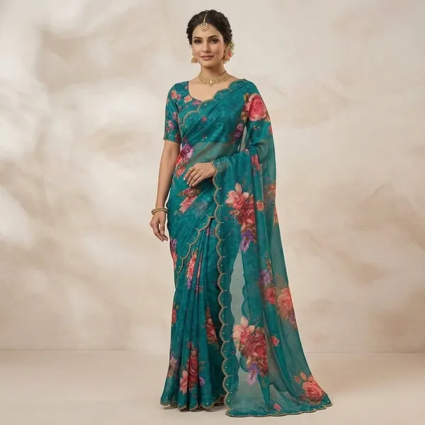 Teal_Blue_Georgette_Floral_Print_Hand_Work_Saree_With_Heavy_Border_&_Blouse_Piece
