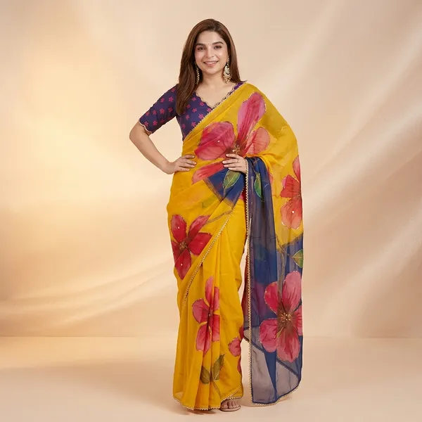 Mustard_Yellow_And_Navy_Blue_Floral_Print_Hand_Work_Saree_With_Heavy_Border_&_Blouse_Piece