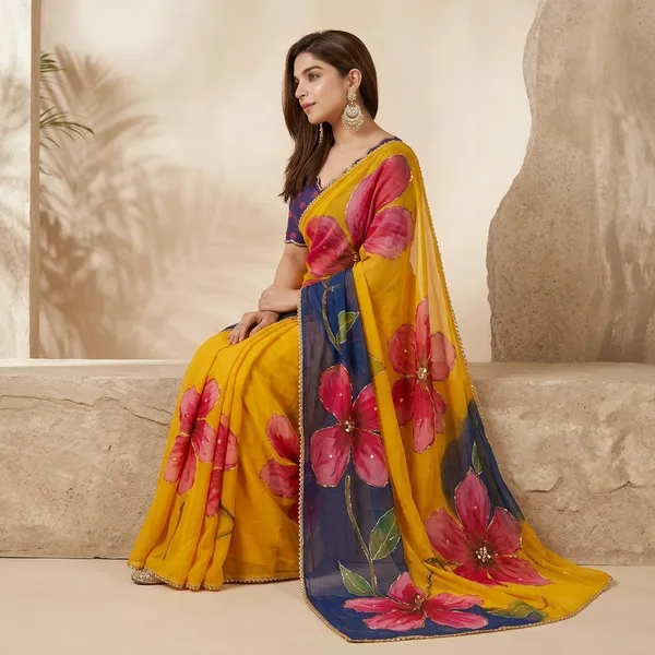 Mustard_Yellow_And_Navy_Blue_Floral_Print_Hand_Work_Saree_With_Heavy_Border_&_Blouse_Piece