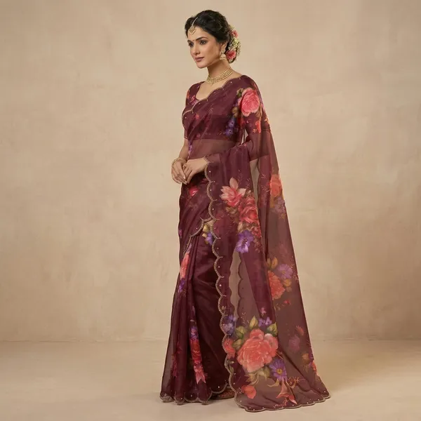 Maroon_Georgette_Floral_Print_Hand_Work_Saree_With_Heavy_Border_&_Blouse_Piece