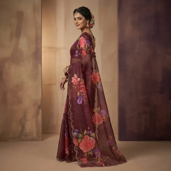 Maroon_Georgette_Floral_Print_Hand_Work_Saree_With_Heavy_Border_&_Blouse_Piece
