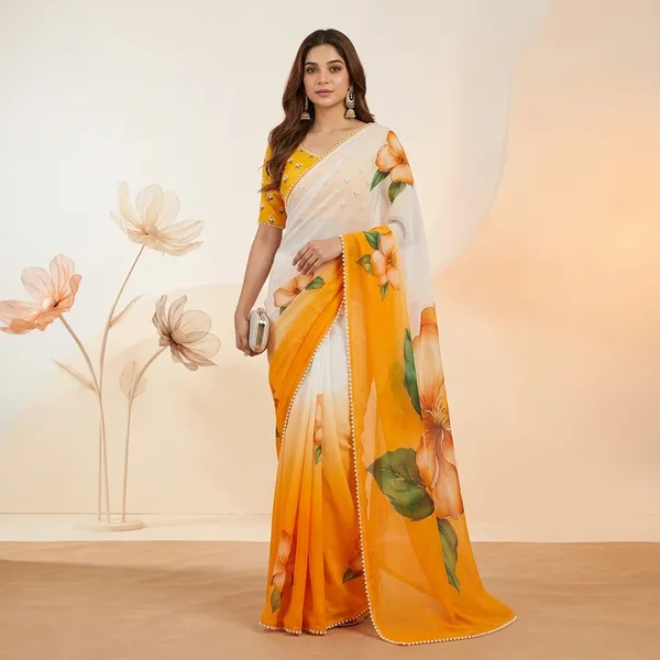 White_And_Orange_Ombre_Georgette_Floral_Print_Hand_Work_Saree_With_Heavy_Border_&_Blouse_Piece