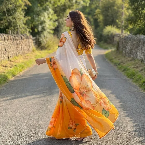 White_And_Orange_Ombre_Georgette_Floral_Print_Hand_Work_Saree_With_Heavy_Border_&_Blouse_Piece
