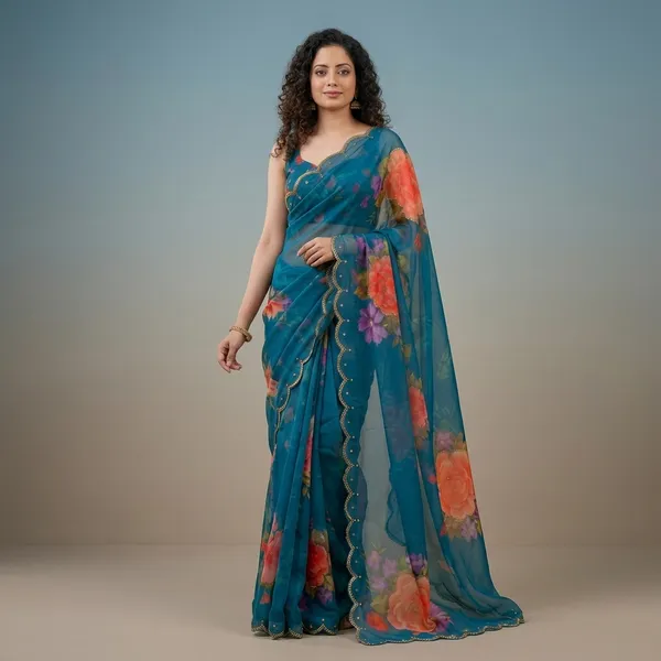 Peacock_Teal_Georgette_Floral_Print_Hand_Work_Saree_With_Heavy_Border_&_Blouse_Piece