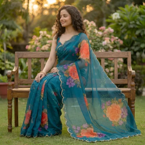 Peacock_Teal_Georgette_Floral_Print_Hand_Work_Saree_With_Heavy_Border_&_Blouse_Piece