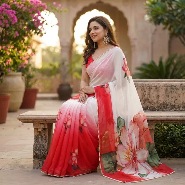 White_And_Coral_Red_Ombre_Georgette_Floral_Print_Hand_Work_Saree_With_Heavy_Border_&_Blouse_Piece
