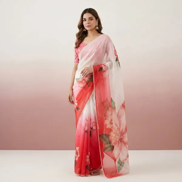White_And_Coral_Red_Ombre_Georgette_Floral_Print_Hand_Work_Saree_With_Heavy_Border_&_Blouse_Piece