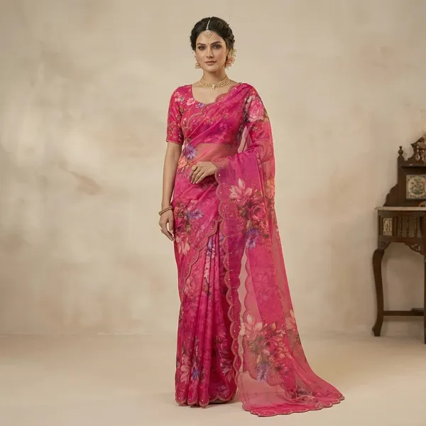 Magenta_Pink_Georgette_Floral_Print_Hand_Work_Saree_With_Heavy_Border_&_Blouse_Piece