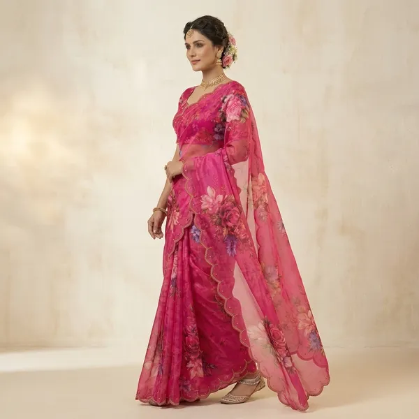Magenta_Pink_Georgette_Floral_Print_Hand_Work_Saree_With_Heavy_Border_&_Blouse_Piece